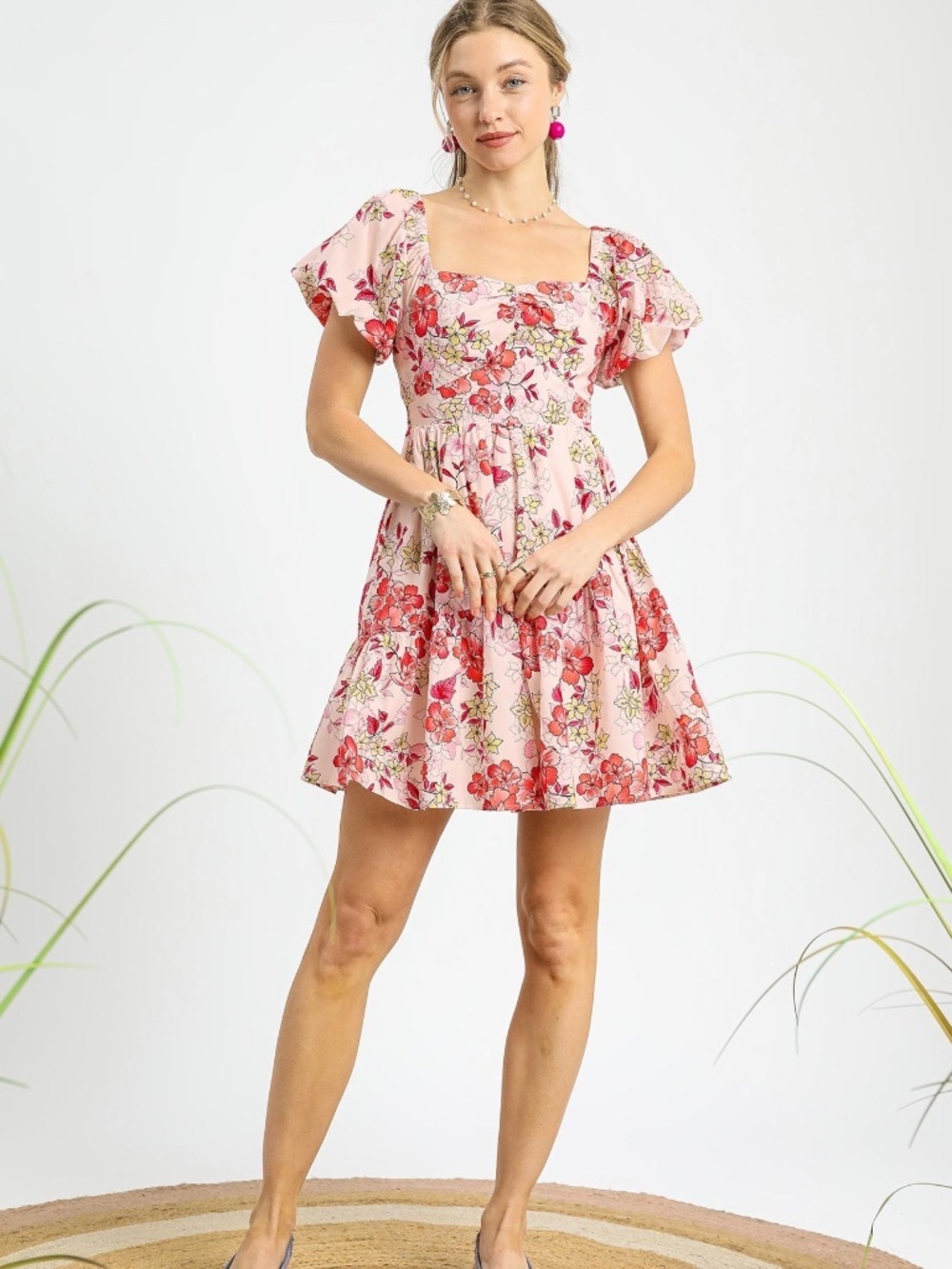 Umgee Floral Puff Sleeve Tiered Mini Dress Square Neck Smocked Back NWT